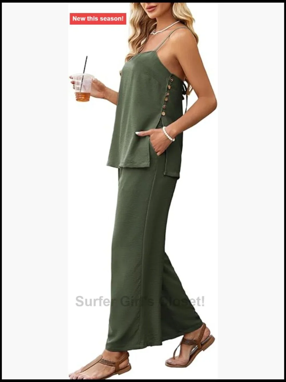 2 Piece Faux Linen Tank Top Pants Set with Pockets